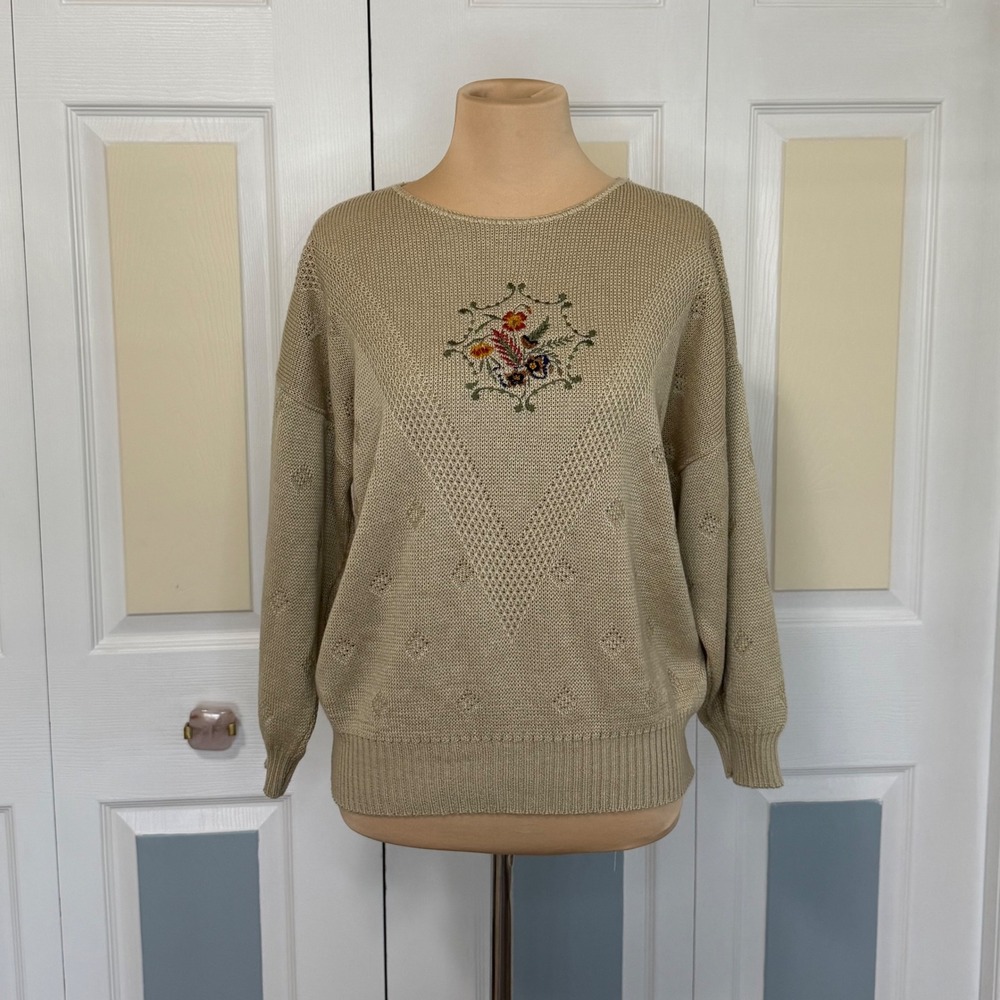 Bay Point Threads Vintage Tan Floral Embroidered Pointelle Knit Sweater Large